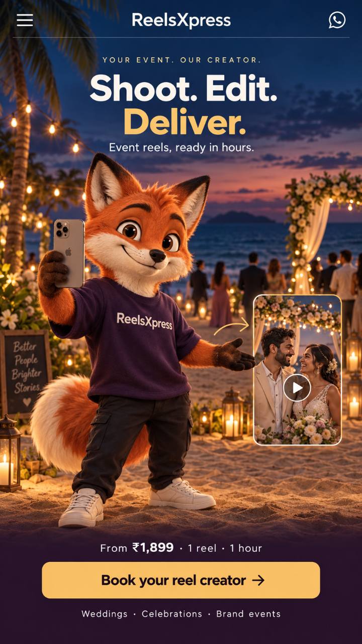 Rexo, the ReelsXpress fox, capturing a candlelit beach wedding